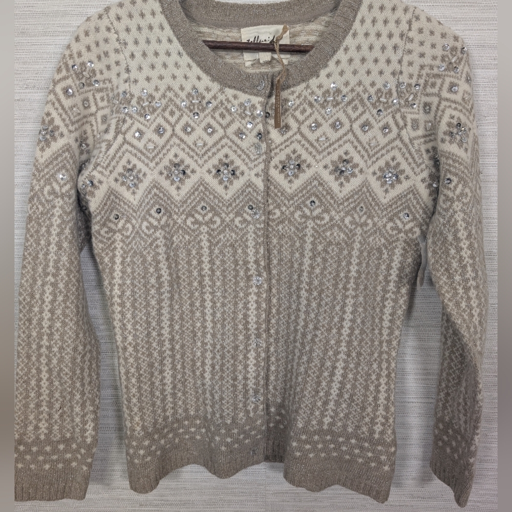 Telluride Clothing Co Lambswool Blend Beaded Sequin Metallic Fair Isle Cardigan